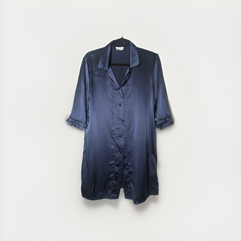 LilySilk Women's 100% Mulberry Silk Blue Button Up Blouse Blue Size Large